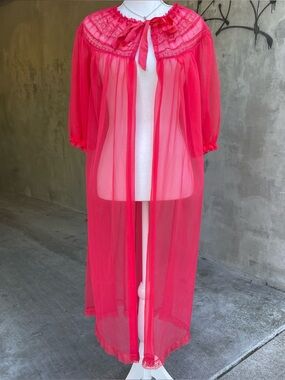 Vintage 70s Neon Red Sheer Lace Robe
